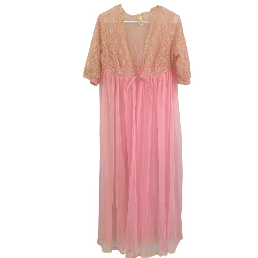 Vintage 70s Nightgown Lingerie Pink Lace Tie Front Short Sleeve Sheer Size L